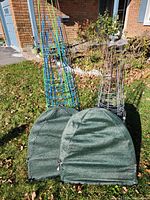 Photo showing various metal tomato cages in two sizes arranged vertically outdoors on lawn, with two green shrub covers in front.