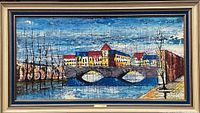 Front view of the large framed Midcentury Modern painting showing town scene with bridge and water