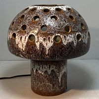 Front view on neutral background showing overall mushroom shape, cap perforations, and lava drip glaze.