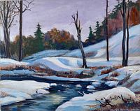 Full front view of winter landscape painting showing creek, snow drifts and trees