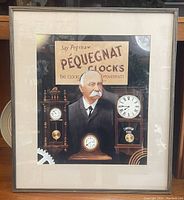 Full front view of the framed print showing the entire artwork including the portrait, clocks and Pequegnat advertisement.