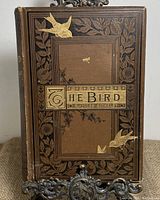 Front cover of the antique book 'The Bird' showing brown cloth with gold embossed birds and black floral decorative border.