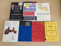 Photo showing six management and finance books on a table, titles visible for identification.