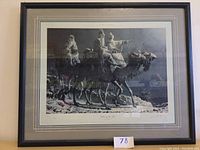 Front view of the framed print showing three kings on camels in a snow-covered scene under a dusk or dawn sky.