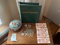 Overview of entire lot showing two dollar bills, coins, magazine, and decorative bowl on table.