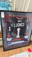 Frontal view of shadowbox frame containing signed black CCM Roberto Luongo jersey