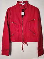 Front view of the red women's jacket showing high collar with buttons, zipper front, multiple zippered pockets, and drawstring waist detail.