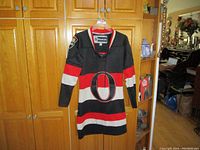 Full view of the black Ottawa Senators hockey jersey with red and white stripes hung on a hanger showing front with large team's logo.