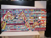 Full view of the digital media art showing the overall composition and colors with zigzag lines and multicolored striped background.