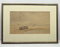 Framed watercolour painting showing the full artwork with a rowboat and sailboats, in a dark wooden frame and cream mat.