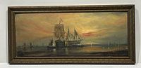 Full frontal view of the framed oil on board showing a large sailing ship and smaller boats on calm water at sunset