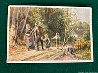 Colorful vintage illustration of a family of four walking on a tree-lined path with a house in the background.
