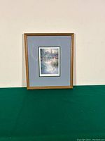 Full view of the framed artwork against a plain wall above a green surface.