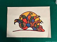 Full view of the silkscreen art showing the five colorful birds against a yellow circle on an off-white background, with the signature and numbering on the lower margin.