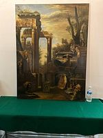 Full view of the oil painting showing the ruinous architectural scene with trees and sky in background.
