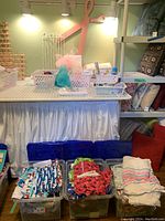 Overview of table with baskets containing sewing supplies and two totes of fabric underneath, pink scissors wall decoration on wall.