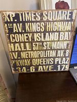 Front view of rectangular wooden wall hanging sign with distressed white lettering on dark brown background listing New York locations.