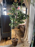 Full view of artificial tree in basket planter inside a room with wood floors and furniture.