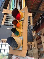 Front view of traffic light assembly showing red, amber, green lenses and bottom housing