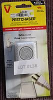 Photo of Victor Pestchaser ultrasonic rodent repeller in original sealed package with pricing sticker visible. Packaging highlights night light and extra outlet features.