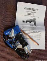 Spot weld gun with manual and copper electrode, blue and black pistol grip handle