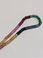 Close-up photo showing faceted multi-color gemstone beads in green, yellow, pink, blue, black and red hues on a necklace.