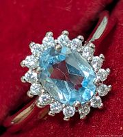 Close-up of the ring showing the oval blue topaz center stone and surrounding cubic zirconia stones in a silver setting with a smooth polished band.