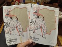 Front view of the packaging showing two pairs of off white vintage garter hosiery with illustrated artwork and brand name 'EXQUISITE HOSIERY'.