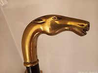 Close-up of detailed brass horsehead handle with defined eyes, nostrils, and open mouth