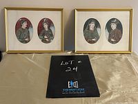 Two framed original Moghul Royalty artworks with linen matte and gold frames, showing two paired portraits each.
