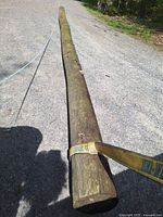 Full length view of a long wooden hydro pole on the ground, showing texture and condition.