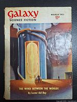 Cover photo of Galaxy Science Fiction March 1951 issue showing illustrated cover art for 'The Wind Between the Worlds' by Lester del Rey, with wear and creases visible