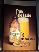 Full view of the entire lighted advertising insert showing the bottle, beer glass, promotional coins, and text.
