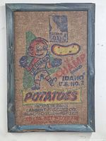 Full framed burlap Idaho potato sack showing entire design and frame
