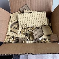 Open box view showing assortment of tan LEGO plates and bricks inside a brown cardboard box.