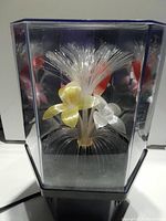 Front angle showing fiber optic strands and plastic flower shapes inside a hexagonal clear plastic case on black base with power cord.