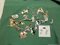 Overview of assorted cat-themed costume jewelry including brooches, pins, and a pendant necklace on green background