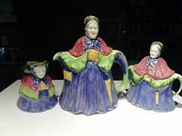 Full view of all 3 pieces: teapot, sugar bowl, and milk jug with vintage hand-painted colors and bonneted lady design