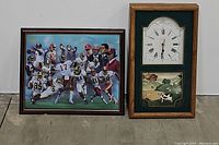 Photo showing both the clock and Redskins print side by side, clock on right with farm scene below clock face and Redskins print on left.