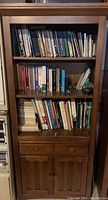 Wooden cabinet with two shelves of assorted books, drawer, and double door storage below.