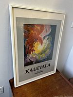 Framed Kalevala art poster angled showing the artwork and frame.