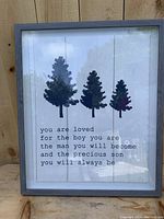 Framed inspirational sign with tree silhouettes and typed quote for son/grandson room decor.