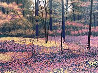 Close-up of the poster showing purple and yellow foliage in a forest with tall, thin trees. Art style is detailed with pastel colors.