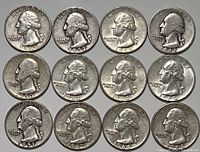 Front side (obverse) of 12 Washington quarters dated between 1947 and 1964 showing George Washington profile and inscriptions including LIBERTY and IN GOD WE TRUST.