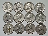 Obverse sides of 12 silver Washington quarters from 1930 to 1964 showing George Washington's profile with visible dates and inscriptions.