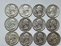 Obverse sides of 12 silver Washington quarters from 1946-1964.