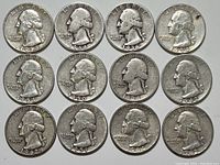 Obverse side of 12 U.S. Washington quarters pre-1965 showing various dates from 1934 to 1964 with George Washington's portrait.