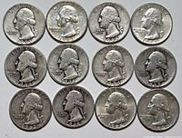 Obverse sides of 12 Washington quarters showing George Washington's portrait, with dates ranging from 1936 to 1963.