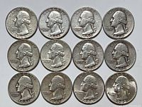 Obverse view of the 12 Washington quarters with visible dates and detail of portrait.