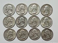 Obverse side showing the portrait of George Washington on each of the 12 quarters with years ranging from 1946 to 1964.